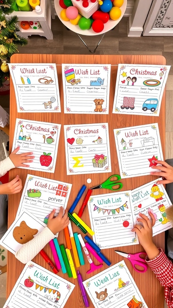 Children creating Christmas wish lists with colorful decorations and stickers at a festive craft table.
